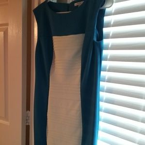 Blue and white dress.